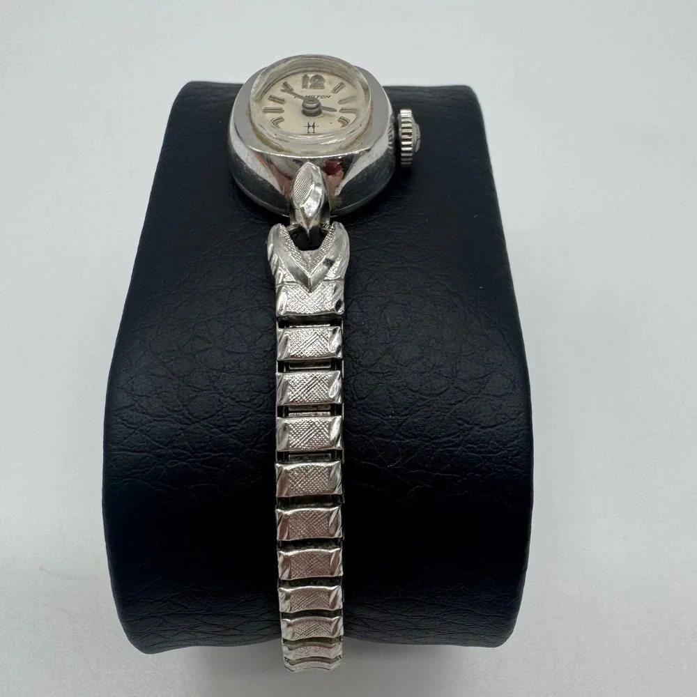 Hamilton Vintage Womens Cocktail Watch 10K RGP Bezel Silver Tone Oval Working